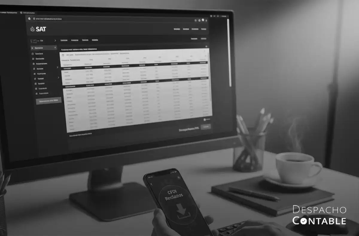 Persona consultando y descargando facturas electrónicas CFDI recibidas desde el portal del SAT en una computadora y un teléfono móvil en una oficina.