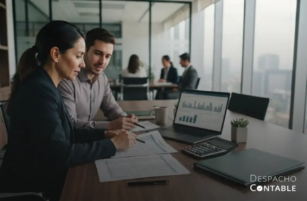 Consultores contables y fiscales analizando información financiera de una empresa